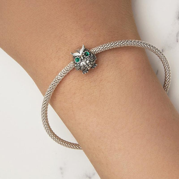 Owl Sterling Silver Zircon CZ Bead Charm Pendant Bracelet Necklace
