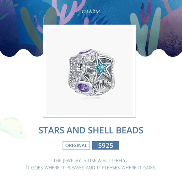 Starfish Shells Enamel  Sterling Silver Zircon CZ Spacer Bead Charm Bracelet Necklace
