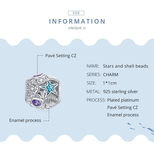 Starfish Shells Enamel  Sterling Silver Zircon CZ Spacer Bead Charm Bracelet Necklace