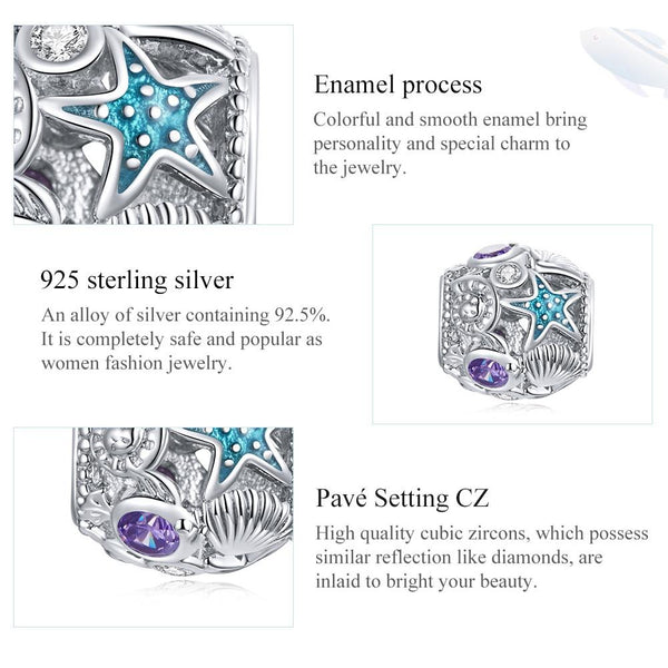 Starfish Shells Enamel  Sterling Silver Zircon CZ Spacer Bead Charm Bracelet Necklace