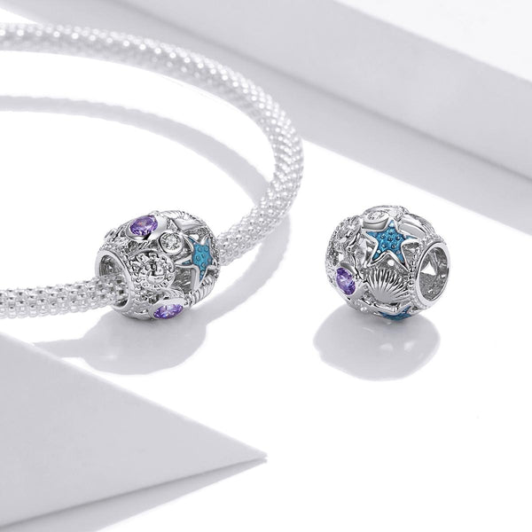 Starfish Shells Enamel  Sterling Silver Zircon CZ Spacer Bead Charm Bracelet Necklace