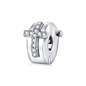 Cross Sterling Silver CZ Buckle Clip Bead Charm Pendant Bracelet Necklace