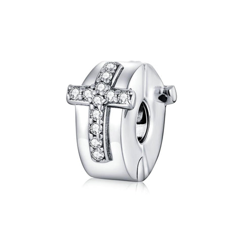 Cross Sterling Silver CZ Buckle Clip Bead Charm Pendant Bracelet Necklace