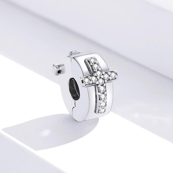 Cross Sterling Silver CZ Buckle Clip Bead Charm Pendant Bracelet Necklace