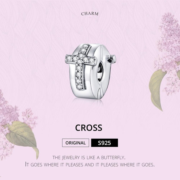 Cross Sterling Silver CZ Buckle Clip Bead Charm Pendant Bracelet Necklace
