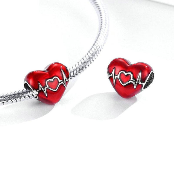Heartbeat Heart Nurse Doctor Enamel Sterling Silver Bead Charm Bracelet Necklace
