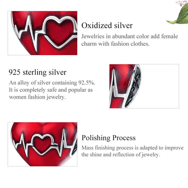 Heartbeat Heart Nurse Doctor Enamel Sterling Silver Bead Charm Bracelet Necklace