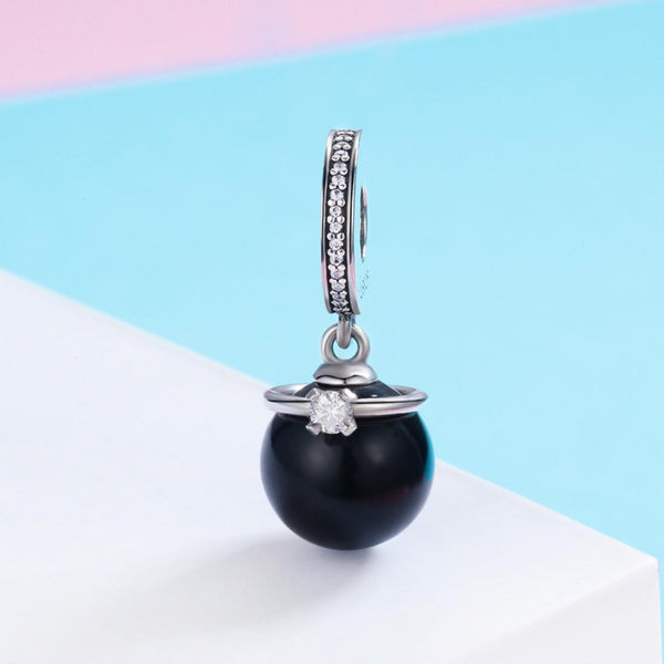 Faux Black Pearl Sterling Silver Zircon CZ Bead Charm Pendant Bracelet Necklace