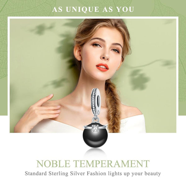 Faux Black Pearl Sterling Silver Zircon CZ Bead Charm Pendant Bracelet Necklace