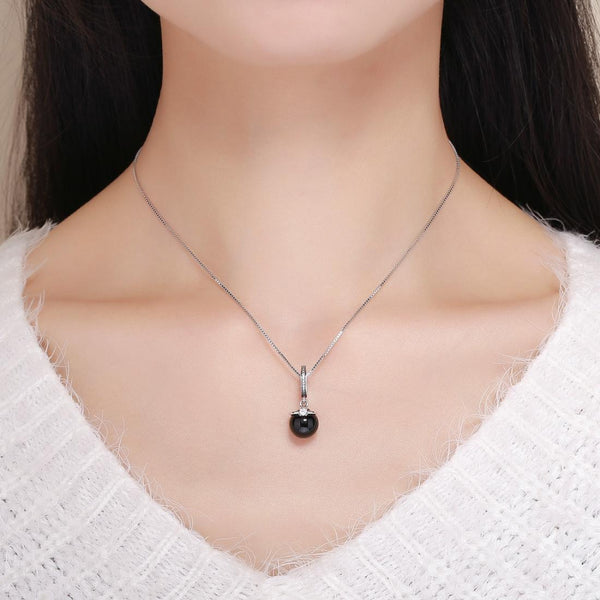 Faux Black Pearl Sterling Silver Zircon CZ Bead Charm Pendant Bracelet Necklace