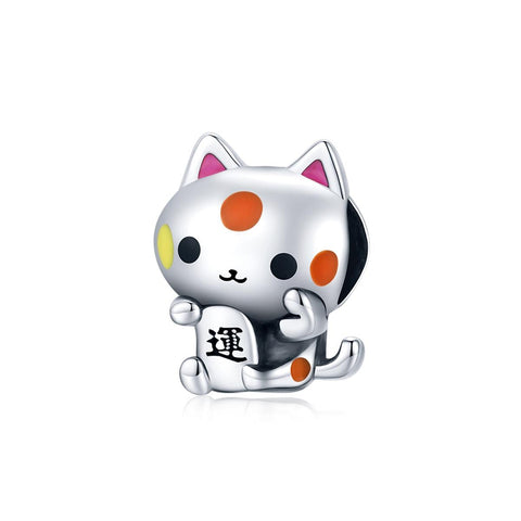 Lucky Cat Enamel Sterling Silver Bead Charm Bracelet Necklace Pendant
