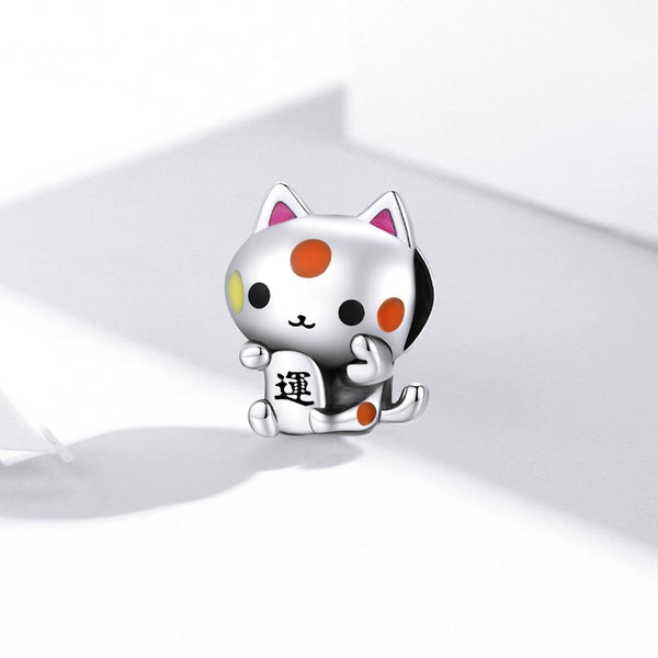 Lucky Cat Enamel Sterling Silver Bead Charm Bracelet Necklace Pendant