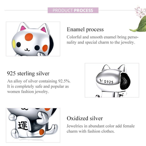 Lucky Cat Enamel Sterling Silver Bead Charm Bracelet Necklace Pendant