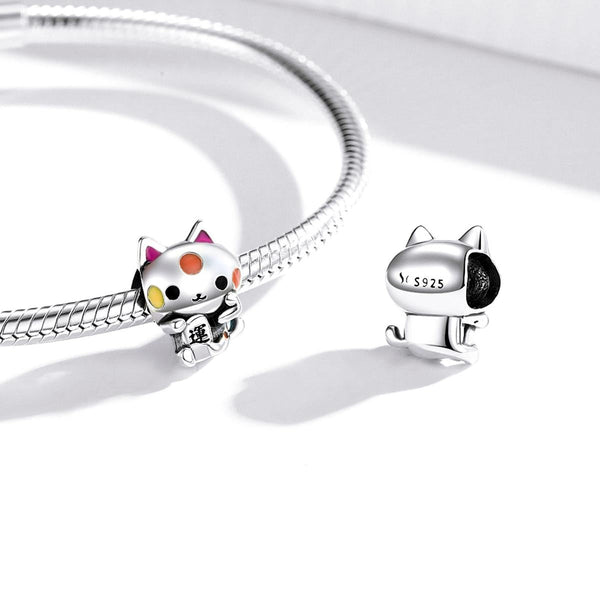 Lucky Cat Enamel Sterling Silver Bead Charm Bracelet Necklace Pendant