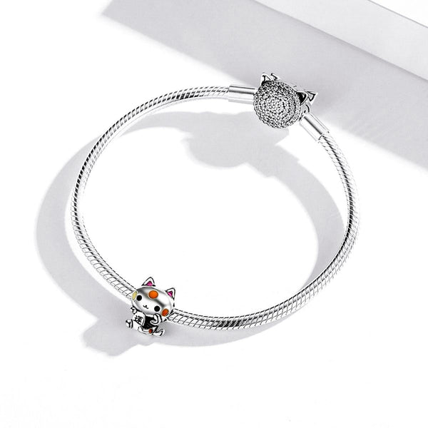 Lucky Cat Enamel Sterling Silver Bead Charm Bracelet Necklace Pendant