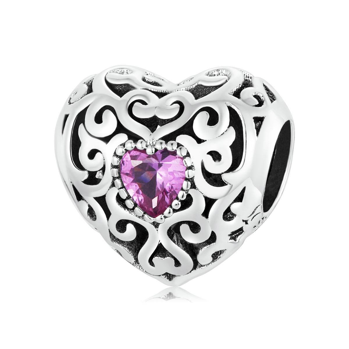 Purple Heart Filigree Sterling Silver Zircon CZ Bead Charm Bracelet Necklace