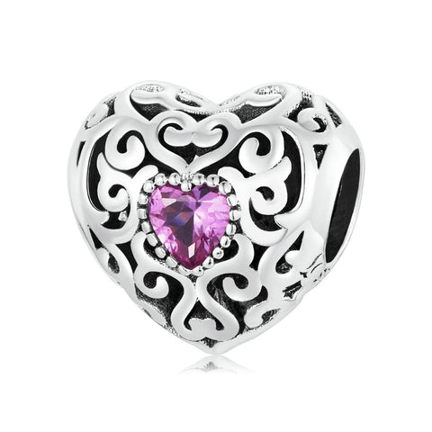 Purple Heart Filigree Sterling Silver Zircon CZ Bead Charm Bracelet Necklace