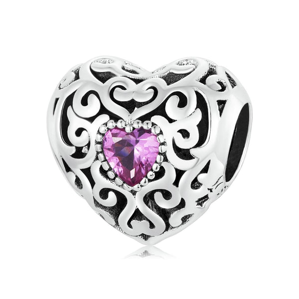 Purple Heart Filigree Sterling Silver Zircon CZ Bead Charm Bracelet Necklace