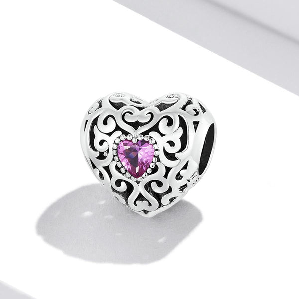 Purple Heart Filigree Sterling Silver Zircon CZ Bead Charm Bracelet Necklace