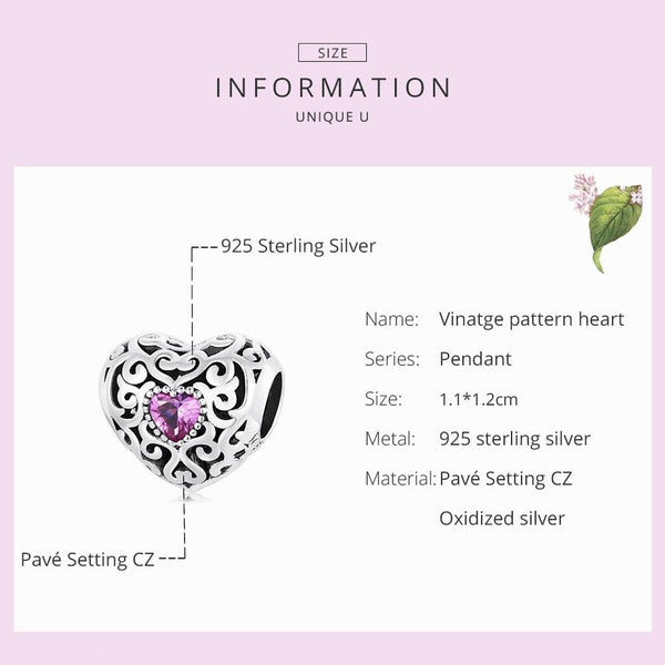 Purple Heart Filigree Sterling Silver Zircon CZ Bead Charm Bracelet Necklace