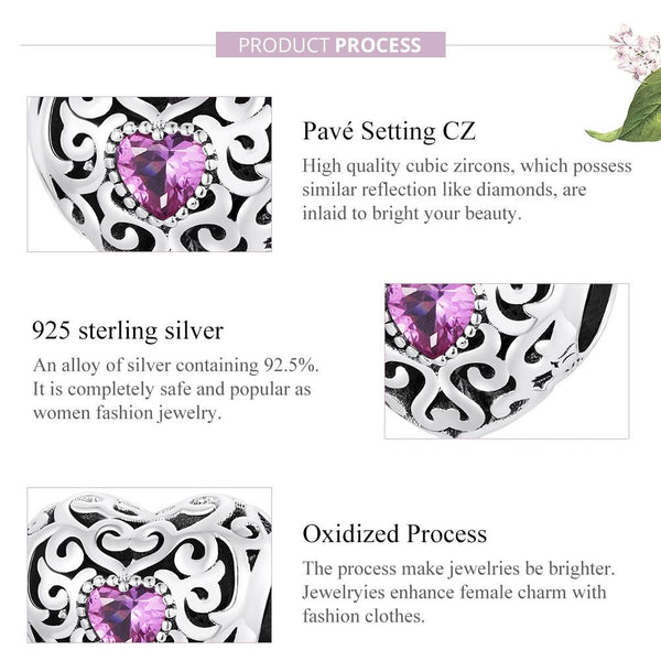 Purple Heart Filigree Sterling Silver Zircon CZ Bead Charm Bracelet Necklace