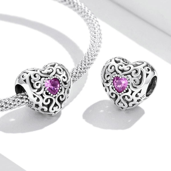 Purple Heart Filigree Sterling Silver Zircon CZ Bead Charm Bracelet Necklace