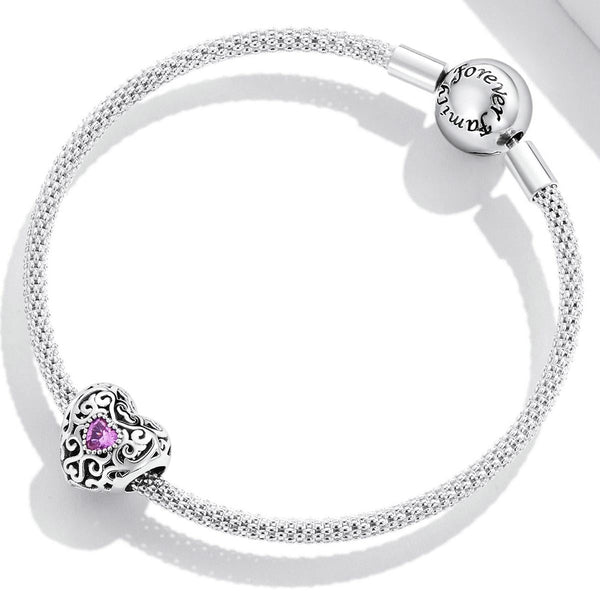 Purple Heart Filigree Sterling Silver Zircon CZ Bead Charm Bracelet Necklace