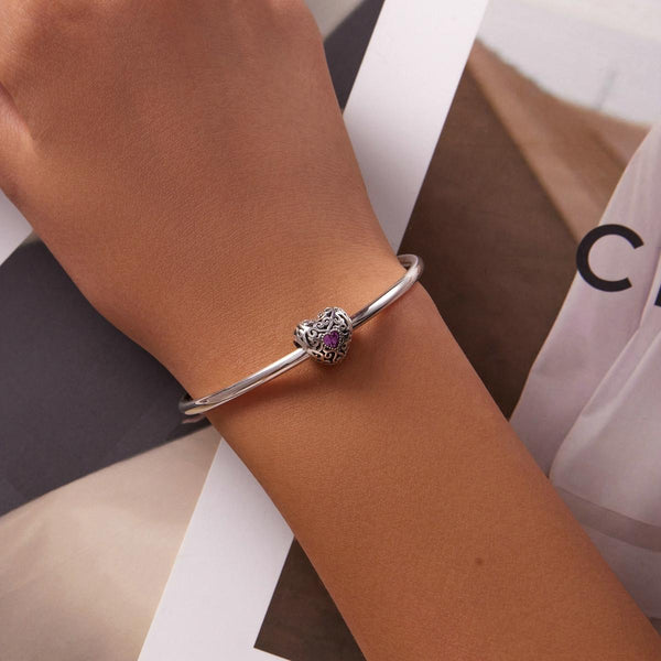 Purple Heart Filigree Sterling Silver Zircon CZ Bead Charm Bracelet Necklace