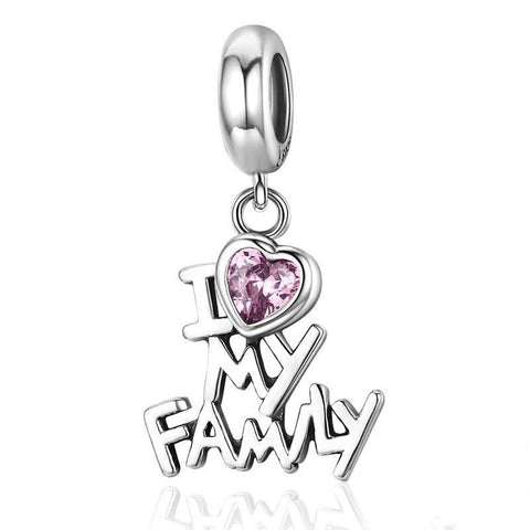 I Love My Family Sterling Silver Zircon CZ Bead Charm Pendant Bracelet Necklace
