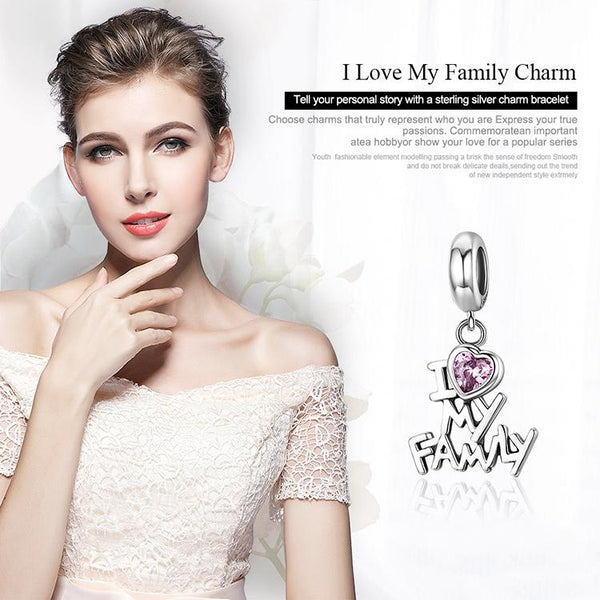 I Love My Family Sterling Silver Zircon CZ Bead Charm Pendant Bracelet Necklace