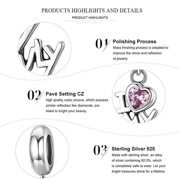 I Love My Family Sterling Silver Zircon CZ Bead Charm Pendant Bracelet Necklace