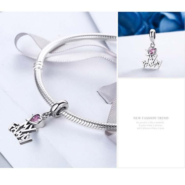 I Love My Family Sterling Silver Zircon CZ Bead Charm Pendant Bracelet Necklace