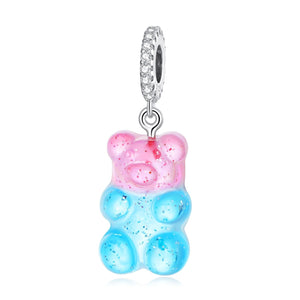 Pink Blue Teddy Bear Sterling Silver Zircon CZ Resin Bead Charm Bracelet Necklace