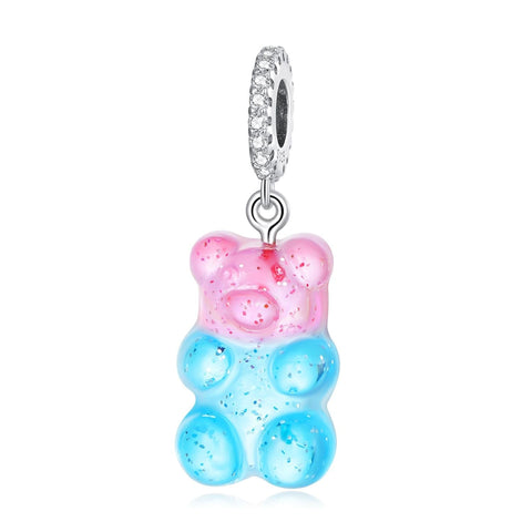 Pink Blue Teddy Bear Sterling Silver Zircon CZ Resin Bead Charm Bracelet Necklace