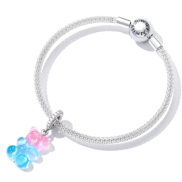 Pink Blue Teddy Bear Sterling Silver Zircon CZ Resin Bead Charm Bracelet Necklace