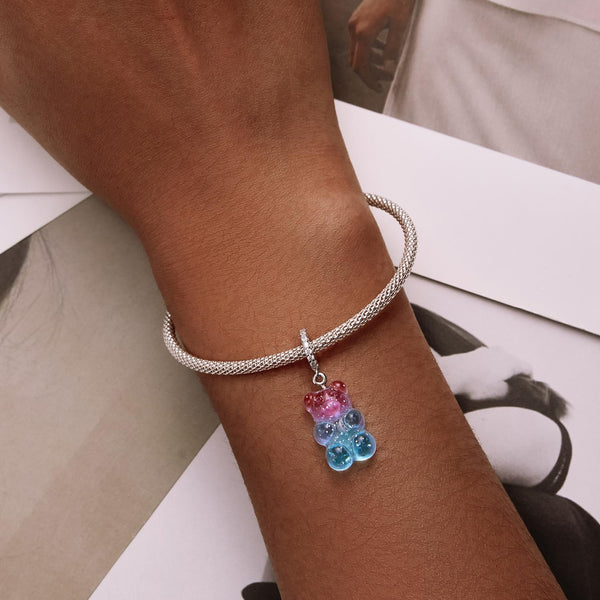 Pink Blue Teddy Bear Sterling Silver Zircon CZ Resin Bead Charm Bracelet Necklace
