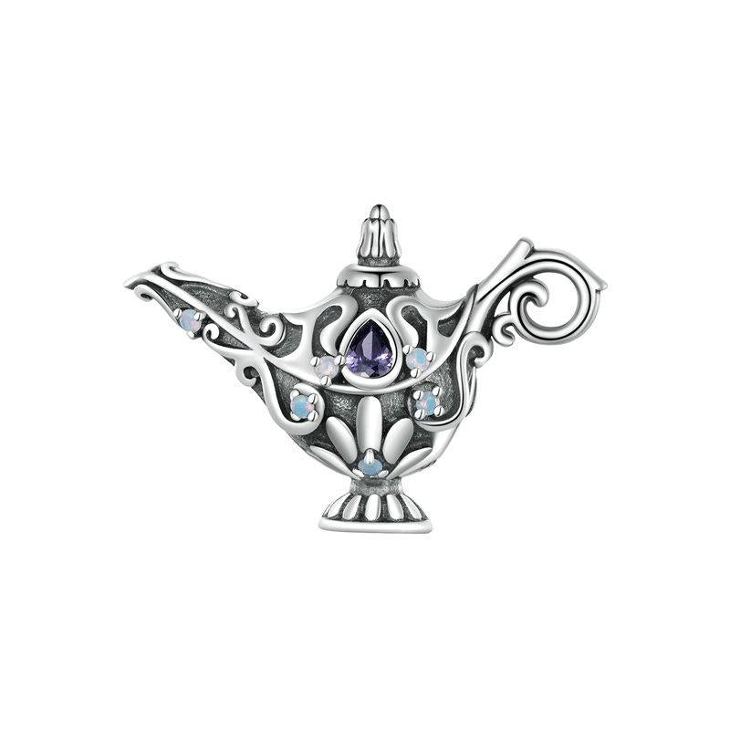 Aladdin Magic Lamp Genie Sterling Silver CZ Bead Charm Pendant Bracelet Necklace