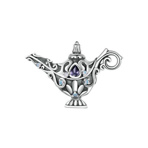 Aladdin Magic Lamp Genie Sterling Silver CZ Bead Charm Pendant Bracelet Necklace