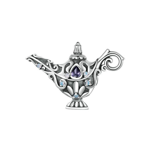 Aladdin Magic Lamp Genie Sterling Silver CZ Bead Charm Pendant Bracelet Necklace