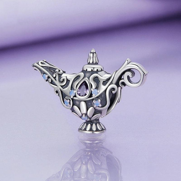 Aladdin Magic Lamp Genie Sterling Silver CZ Bead Charm Pendant Bracelet Necklace