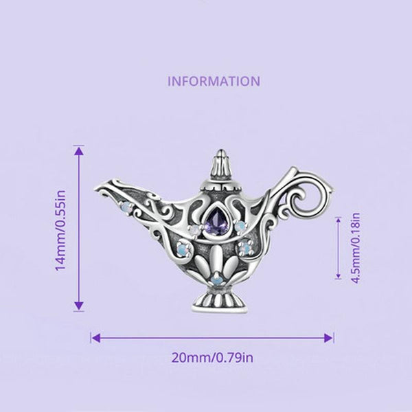 Aladdin Magic Lamp Genie Sterling Silver CZ Bead Charm Pendant Bracelet Necklace