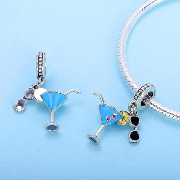 Cocktail Sunglasses Enamel Sterling Silver Bead Charm Bracelet Necklace Pendant