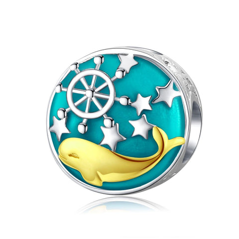 Golden Whale Sea Stars Enamel Sterling Silver Bead Charm Bracelet Necklace