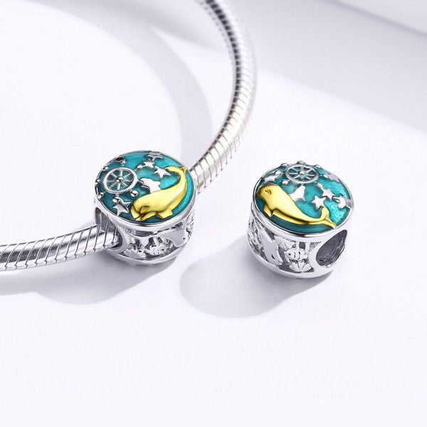 Golden Whale Sea Stars Enamel Sterling Silver Bead Charm Bracelet Necklace