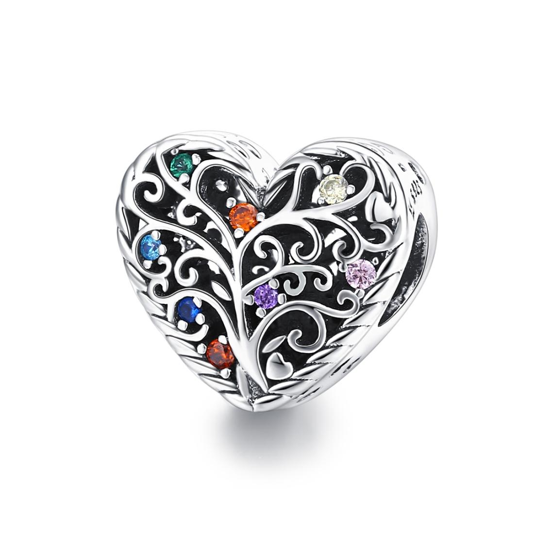 Tree Of Life Heart Sterling Silver Zircon CZ Bead Charm Bracelet Necklace