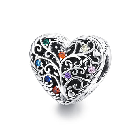 Tree Of Life Heart Sterling Silver Zircon CZ Bead Charm Bracelet Necklace
