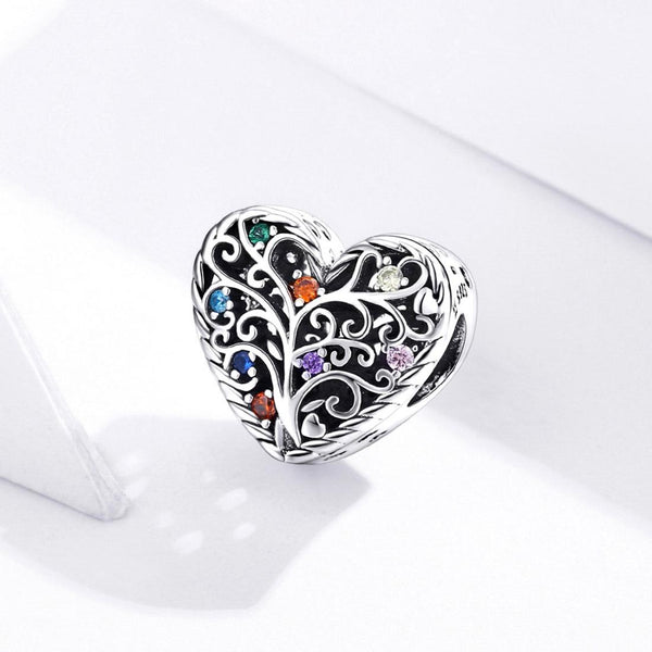 Tree Of Life Heart Sterling Silver Zircon CZ Bead Charm Bracelet Necklace