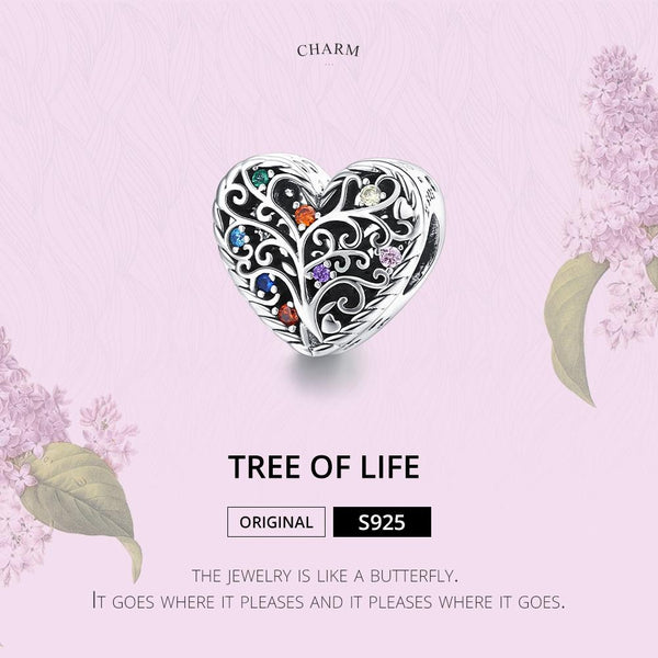 Tree Of Life Heart Sterling Silver Zircon CZ Bead Charm Bracelet Necklace