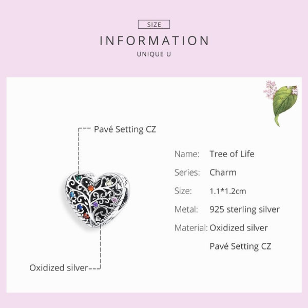 Tree Of Life Heart Sterling Silver Zircon CZ Bead Charm Bracelet Necklace