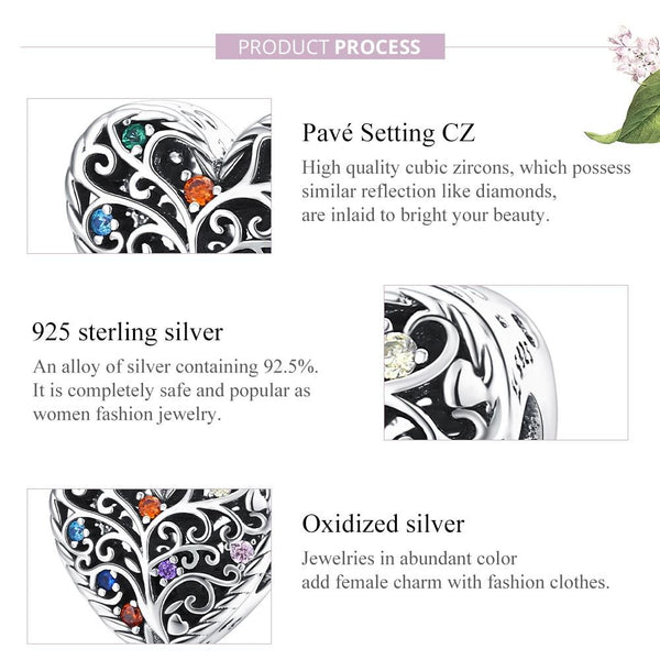 Tree Of Life Heart Sterling Silver Zircon CZ Bead Charm Bracelet Necklace